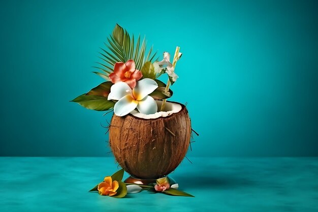 Una noce di cocco con fiori e foglie sullo sfondo blu