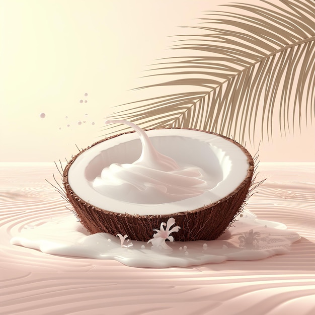 Una noce di cocco con latte è su una superficie rosa con una foglia di palma sullo sfondo e uno sfondo rosa