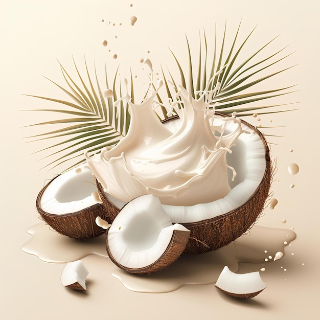 Una noce di cocco con uno spruzzo di latte e una foglia di palma sul lato