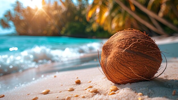 Una noce di cocco poggiata su una foglia di palma la sua guscia ruvida in contrasto con il vivace fogliame verde di