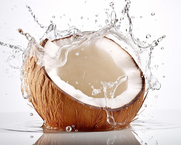 Una noce di cocco spruzzata in acqua su uno sfondo bianco.