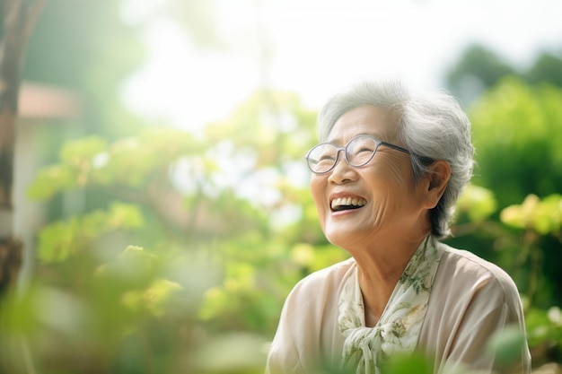 Una nonna asiatica felice in un giardino verde