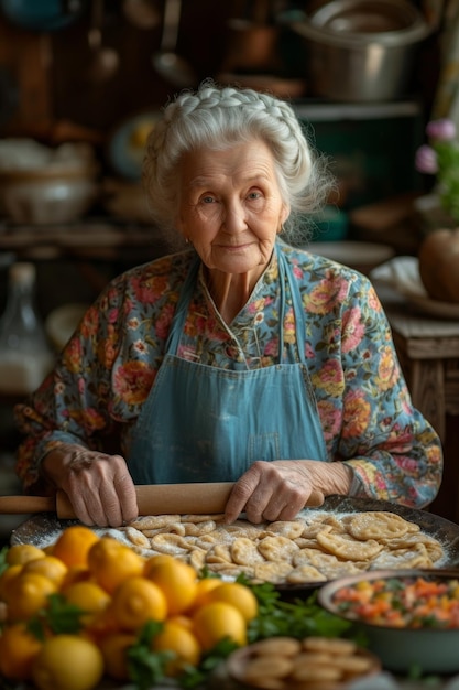 Una nonna dell'Europa orientale in cucina con un rullo nelle mani prepara la pasta