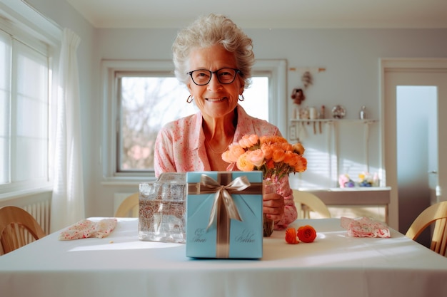 Una nonna festeggia il suo compleanno ricevendo regali dalla sua famiglia