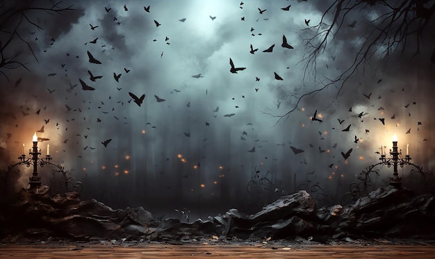 una notte buia con pipistrelli foresta oscura e una luna piena in Halloween