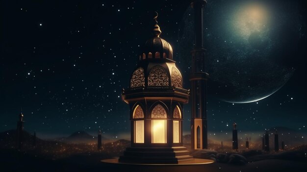 Una notte buia con una lanterna e la luna sullo sfondo.