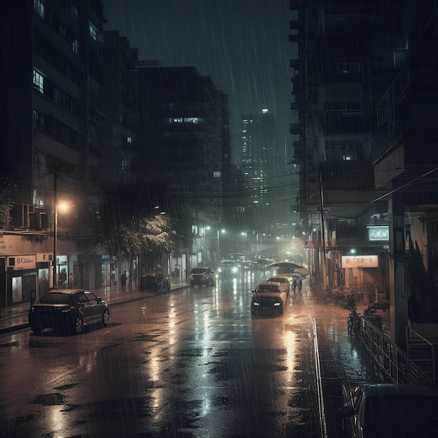 Una notte di pioggia con le auto parcheggiate in strada e la scritta "la parola" sul cartello. "