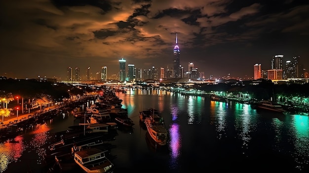 Una notte intensa al riflesso dell'acqua del fiume dal cielo nuvoloso notturno della città e un sacco di trasporto fluviale in legno