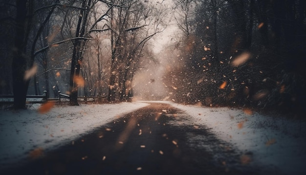 Una notte invernale inquietante che guida su asfalto scivoloso attraverso una foresta nebbiosa generata dall'AI