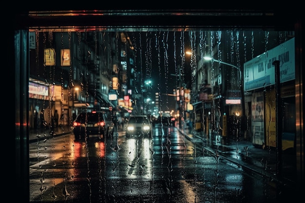 Una notte piovosa a Manhattan con un'auto che guida sulla strada.