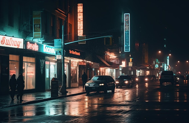 Una notte piovosa a Toronto con un'auto sulla strada e un cartello per il ristorante.