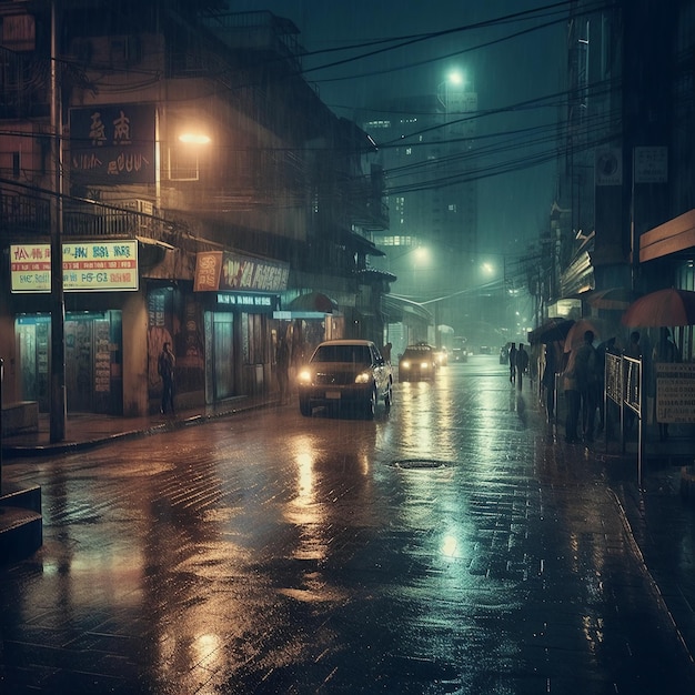 Una notte piovosa con un cartello che dice "cinese" sopra