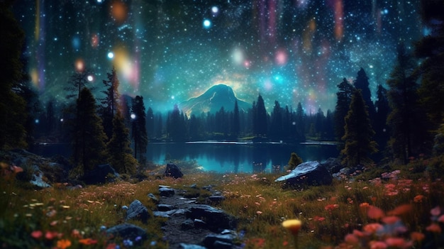 Una notte stellata con un lago e una foresta in primo piano.