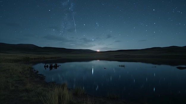 Una notte stellata su un lago con una stella nel cielo