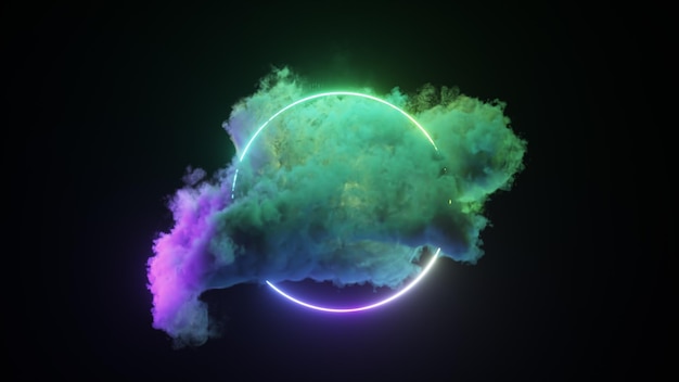 Una nube rotante illuminata da un anello luminoso al neon su uno sfondo nero isolato Figura geometrica luminosa