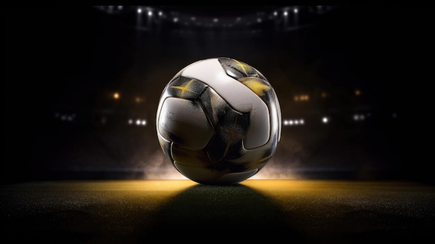 Una nuova palla da calcio al centro dello stadio illuminata dai riflettori Generative Ai