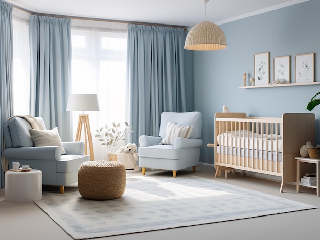 Una nursery blu sognante con un interno di gusto Generazione AI