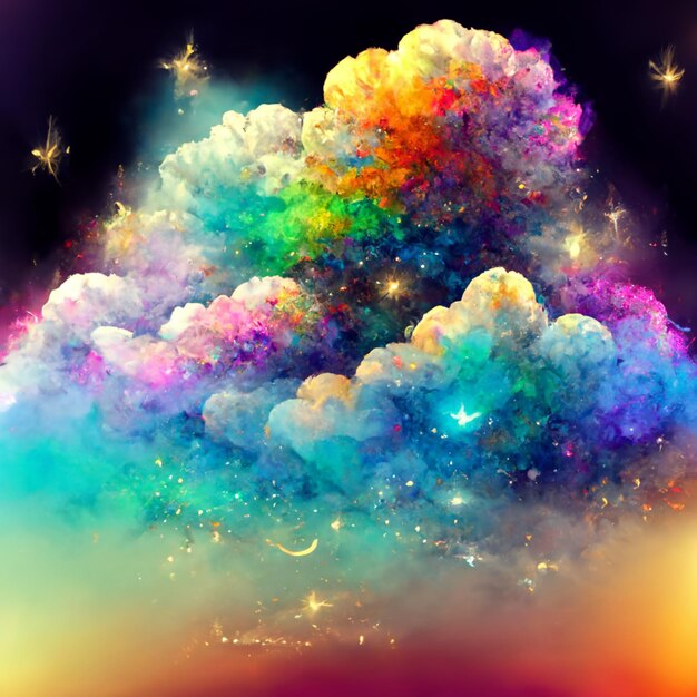 Una nuvola colorata con sopra un arcobaleno