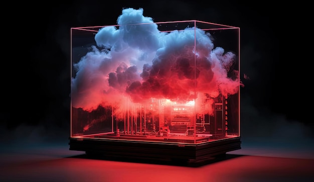una nuvola rossa in cima a un recinto di computer nello stile di neon incandescente