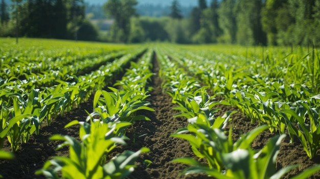 Una pacifica scena di terreni agricoli con file di colture coltivate appositamente per la produzione di biocarburanti