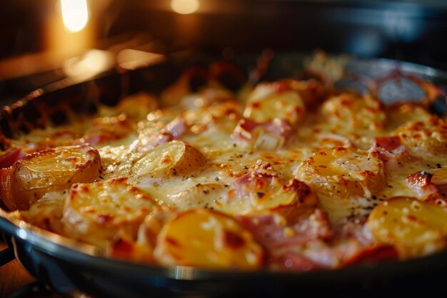 Una padella bollente nel forno con patate, formaggio e prosciutto