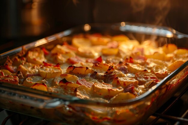 Una padella bollente nel forno con patate, formaggio e prosciutto