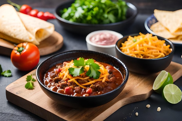 una padella con una varietà di cibi diversi tra cui fagioli, fagioli, formaggio e pomodori.