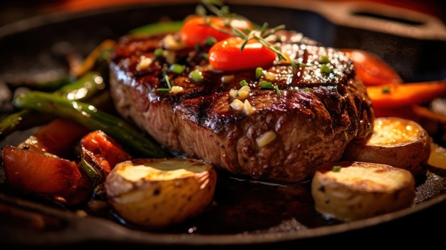 Una padella di bistecca con verdure e carne