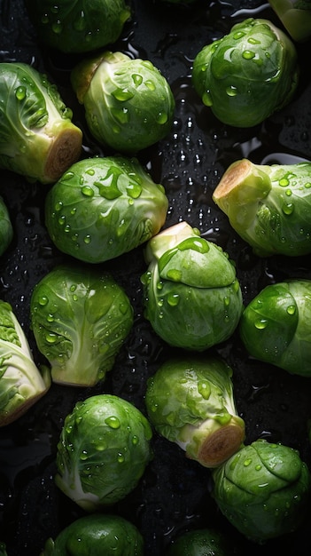 Una padella di cavoletti di Bruxelles con sopra delle gocce d'acqua