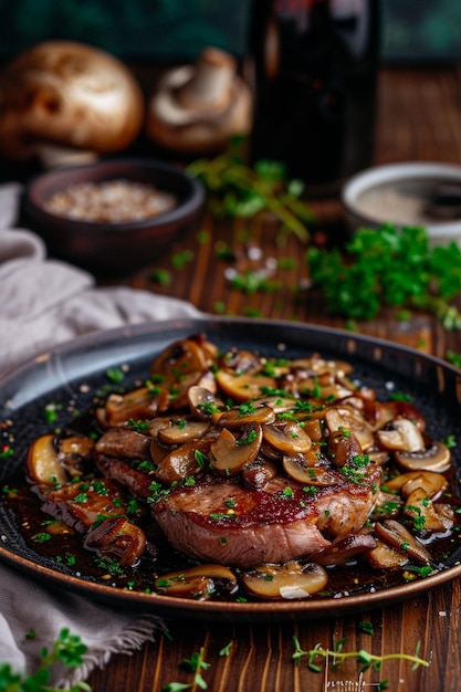 una padella di cibo con funghi e funghi su di esso