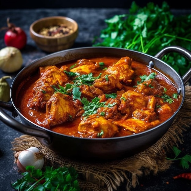 una padella di cibo con pollo e verdure su un tavolo.