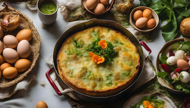 una padella di cibo con uova e verdure