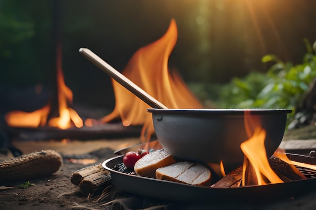 Una padella di cibo si sta cucinando su un fuoco di campo.