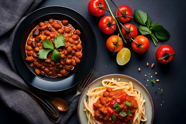 una padella di fagioli e salsa di pomodoro con pomodori e fagioli.