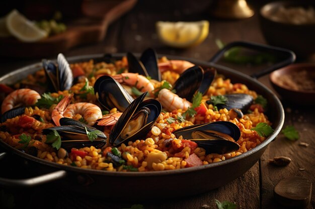 Una padella di paella con gamberi e cozze