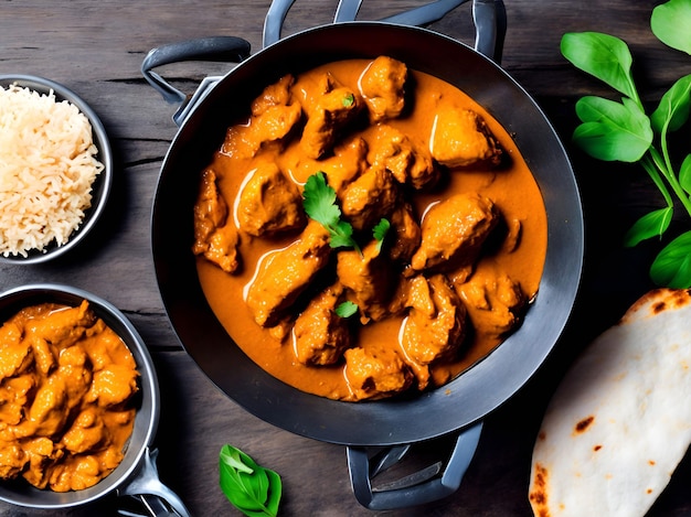 Una padella di pollo al curry con riso e basilico sul lato.