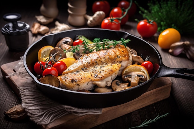 Una padella di pollo con funghi e pomodori su un tavolo di legno.