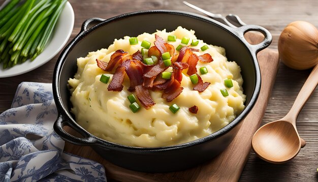 una padella di purè di patate con pancetta e cipolle verdi