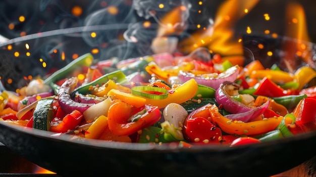 Una padella frizzante di verdure colorate fritte con le fiamme che le leccano i bordi