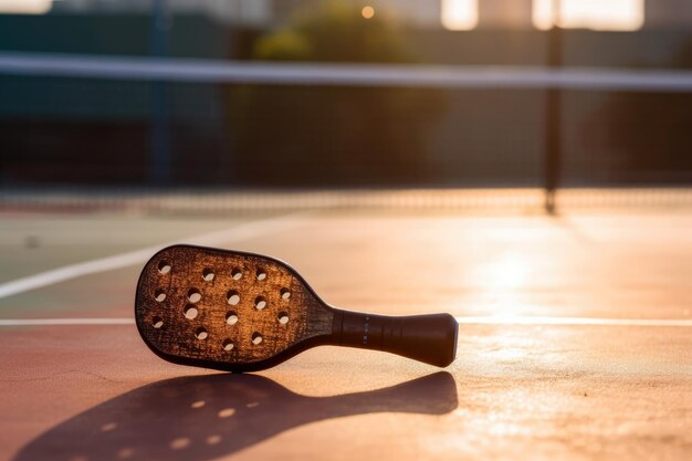 Una padella luccicante di pickleball che si poggia sul campo dopo una partita vittoriosa