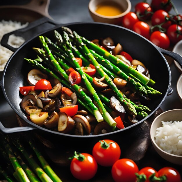 una padella piena di asparagi, pomodorini e funghi