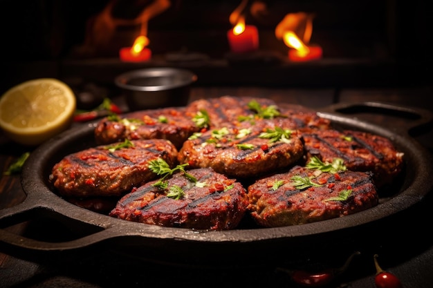 Una padella piena di polpette di carne accanto al fuoco