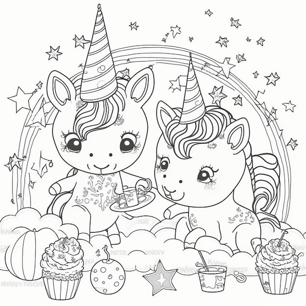 una pagina da colorare con due unicorni e cupcakes generative ai