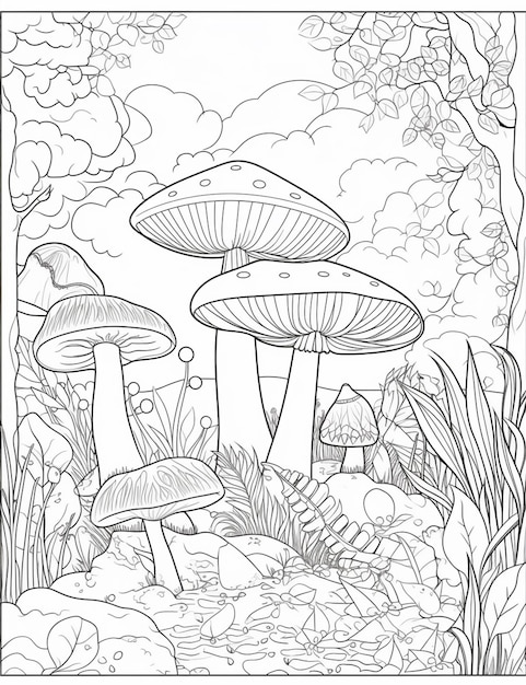 Una pagina da colorare con funghi e piante nella foresta generativa ai