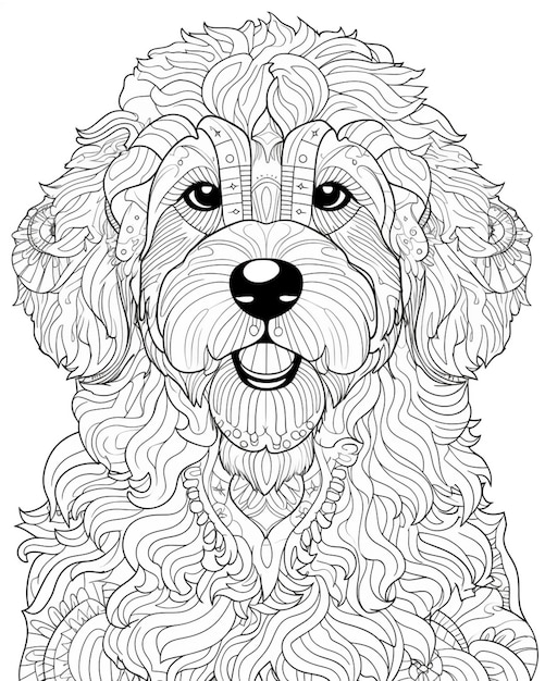 una pagina da colorare con un cane con i capelli ricci e un grosso naso generativo ai