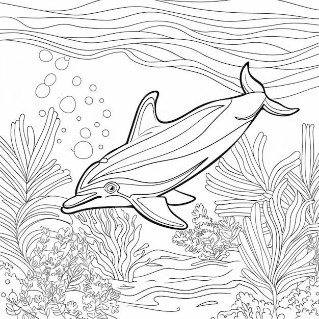 una pagina da colorare con un delfino che nuota nell'oceano generativo ai