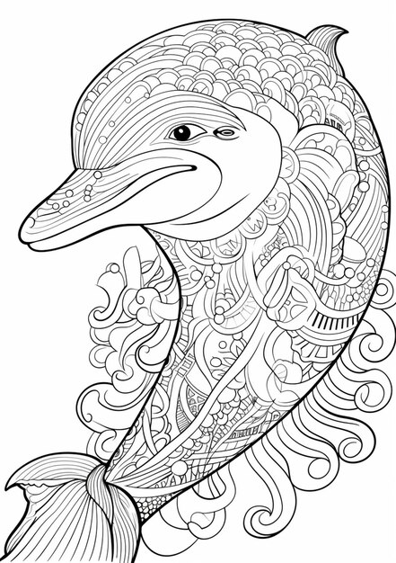 una pagina da colorare con un delfino con una grande testa e una lunga coda ai generativa