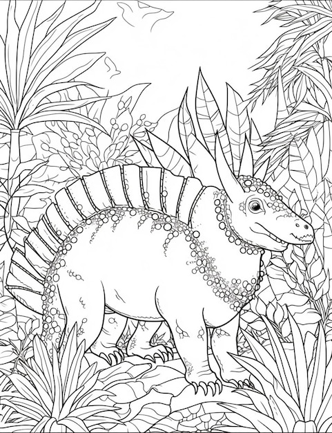 Una pagina da colorare con un dinosauro nella giungla generativo ai