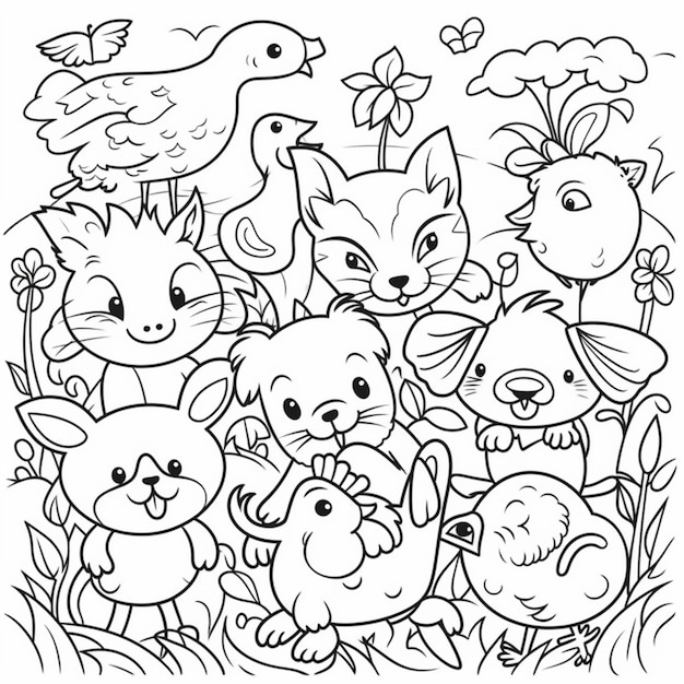 una pagina da colorare con un gruppo di animali e uccelli ai generativa