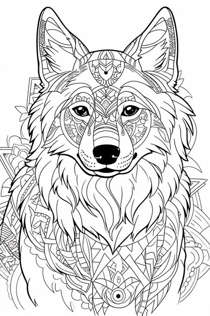 una pagina da colorare con un lupo con un motivo floreale sopra ai